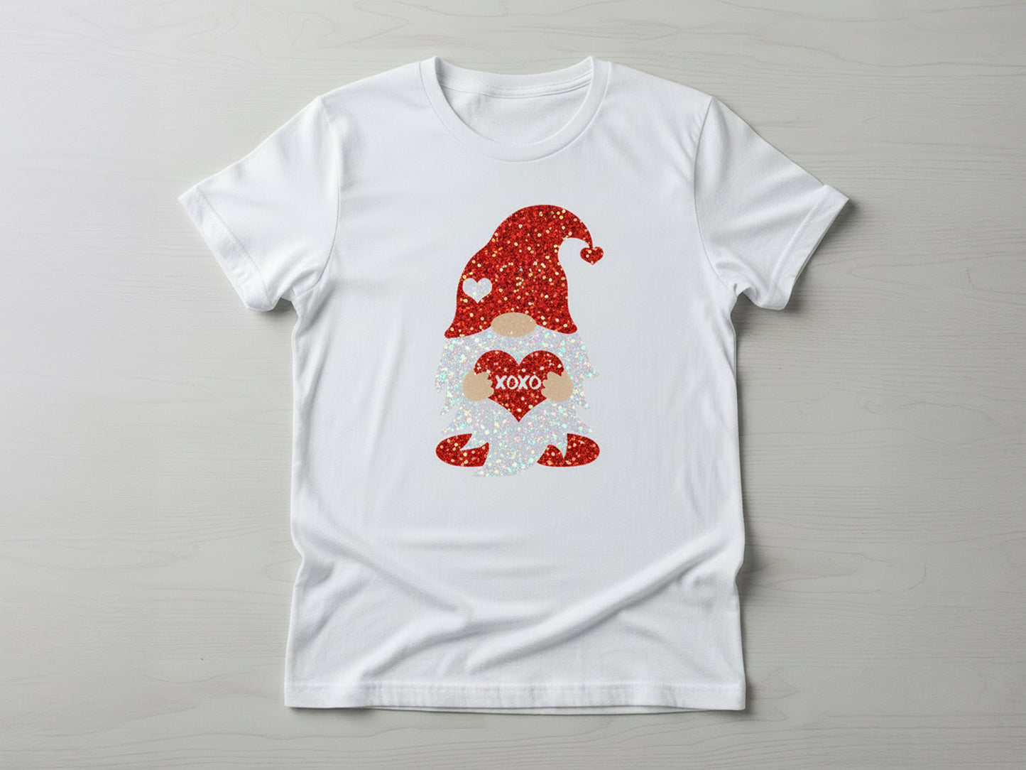 White t-shirt featuring a cute Valentine gnome digital print.