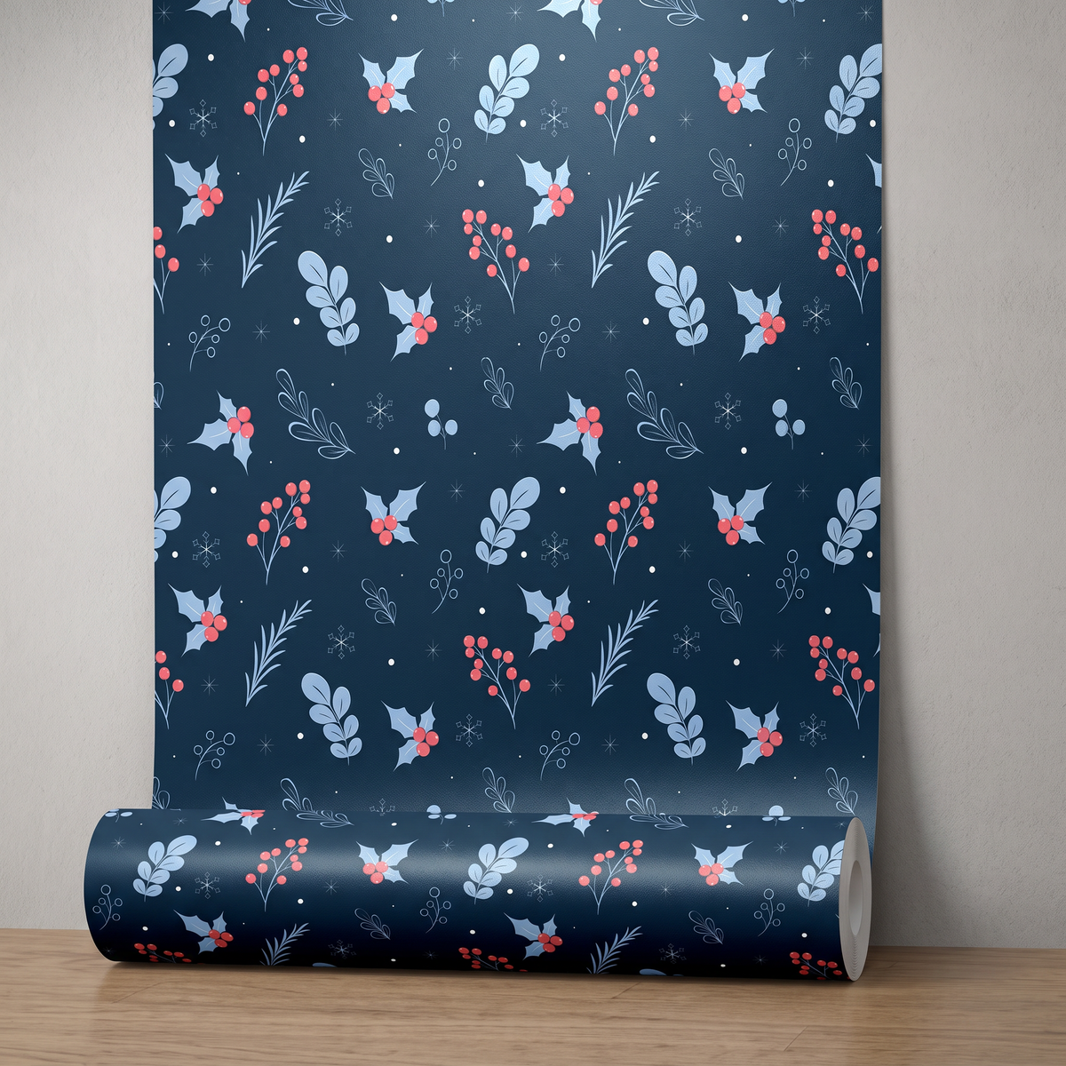 Winter Holly & Berries Seamless Pattern, Navy Blue Christmas Floral Design