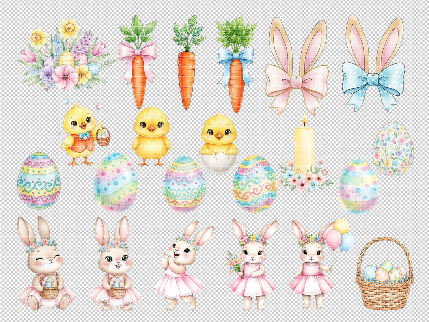 Easter Watercolor Clipart Set | Cute Bunnies, Chicks & Eggs PNG | Spring Digital Art