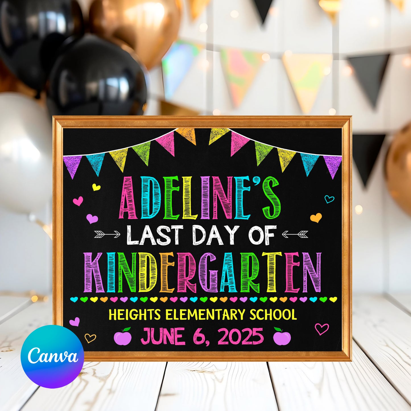 Last day of kindergarten chalkboard sign printable photo prop with colorful neon text and confetti
