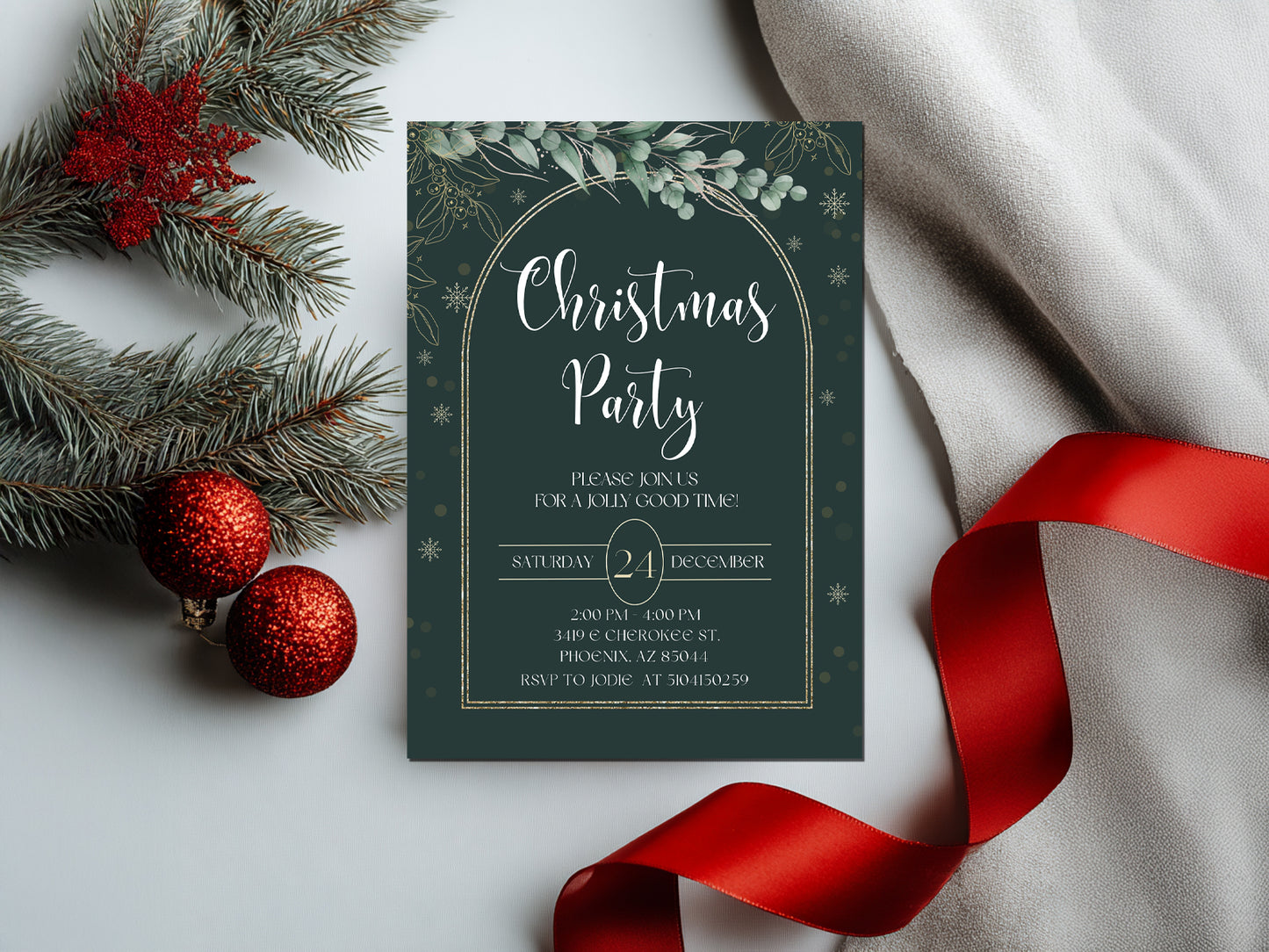 Christmas Party Invitation | Editable Holiday Template | Elegant Green & Gold Design | Instant Download