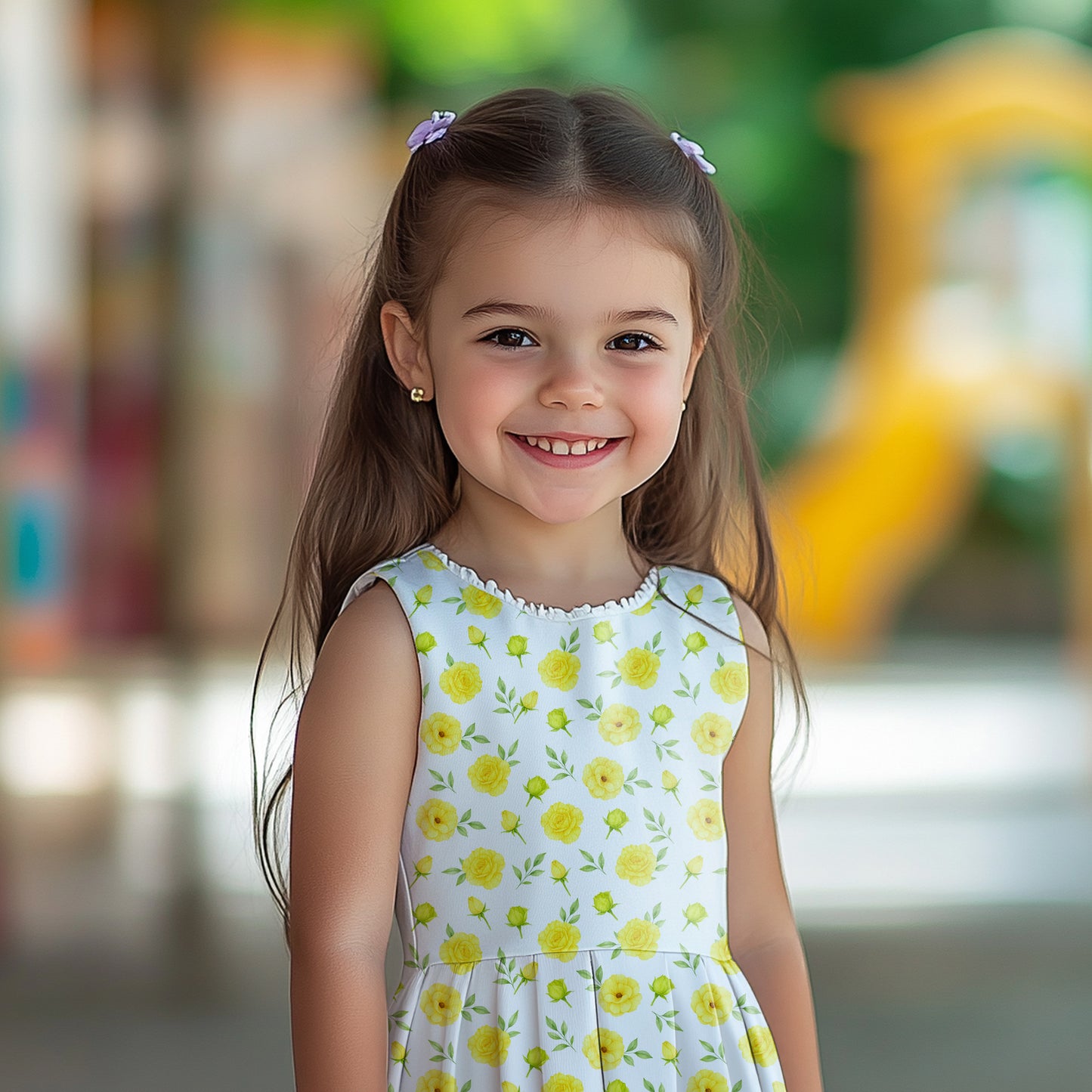 A little girl smiling, wearing a white summer dress printed with the yellow floral pattern.