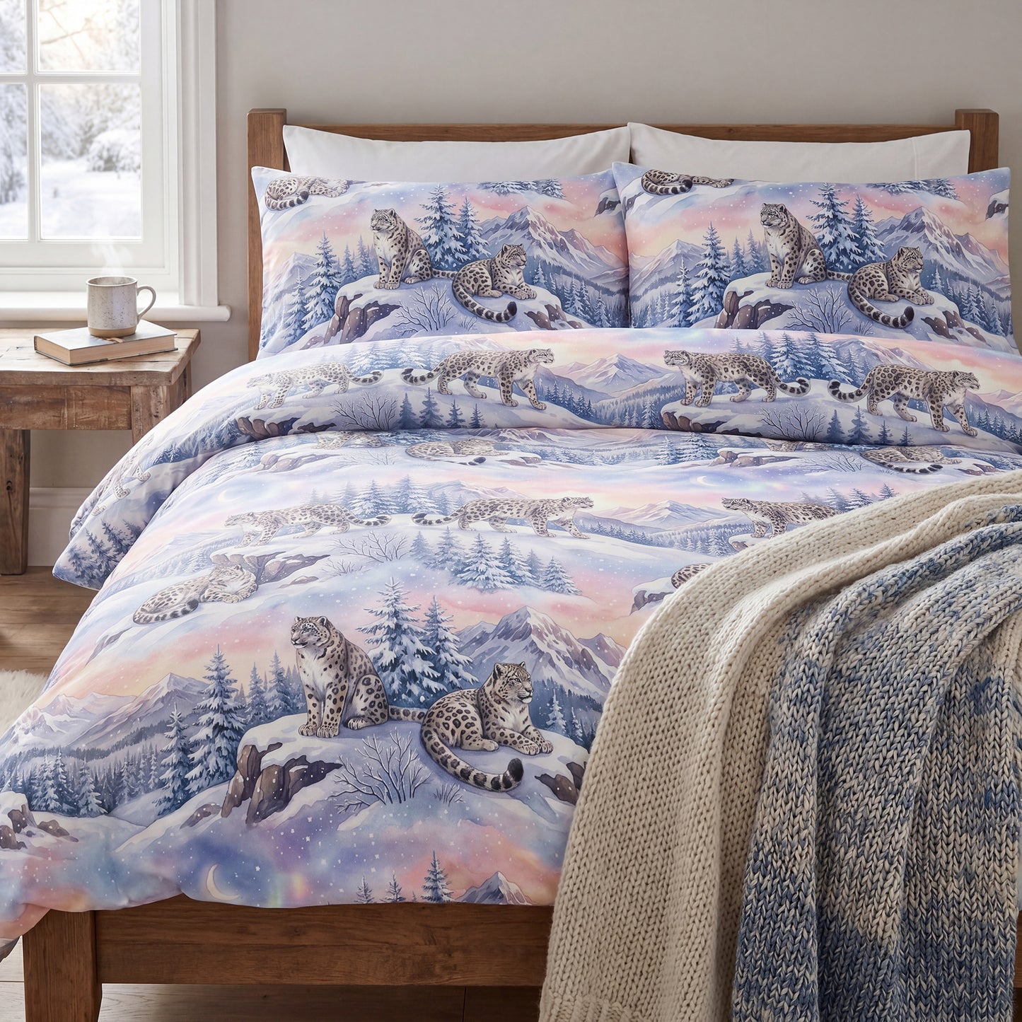 A cozy bed styled with a pastel watercolor bedding set featuring snow leopards, snowy mountains, and pine trees in a magical winter landscape.
