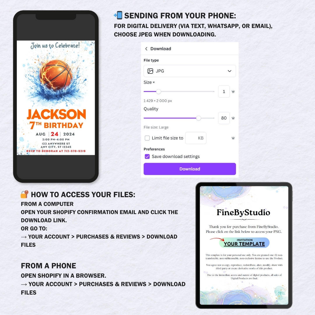 Basketball Birthday Invitation Template, Boys Sports Party Invite, Editable Canva