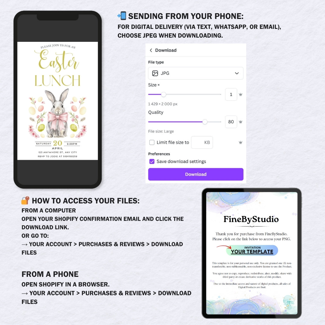 Editable Easter Lunch Invitation, Watercolor Bunny with Pink Bow