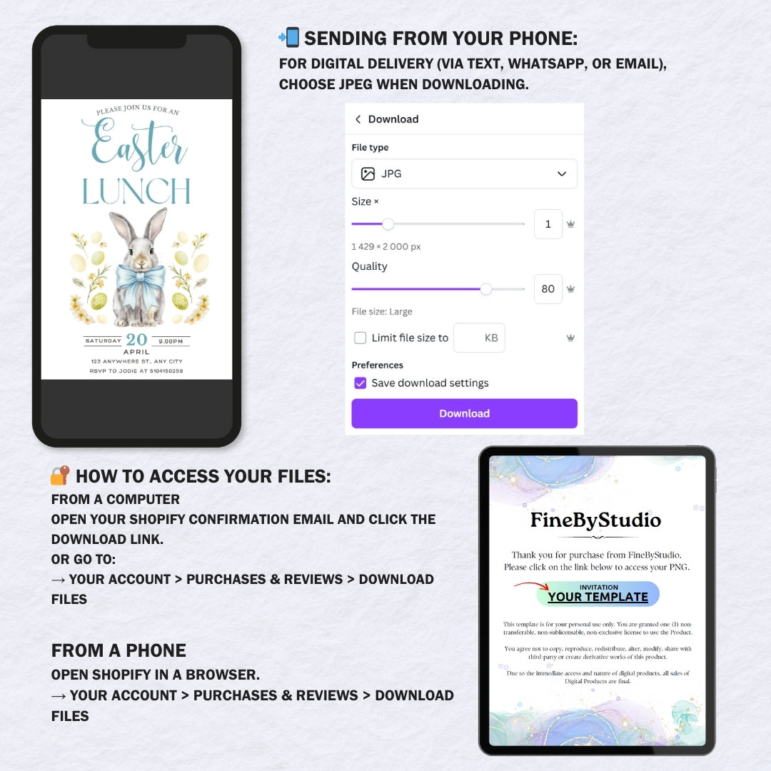 Editable Easter Lunch Invitation, Watercolor Bunny with Blue Bow