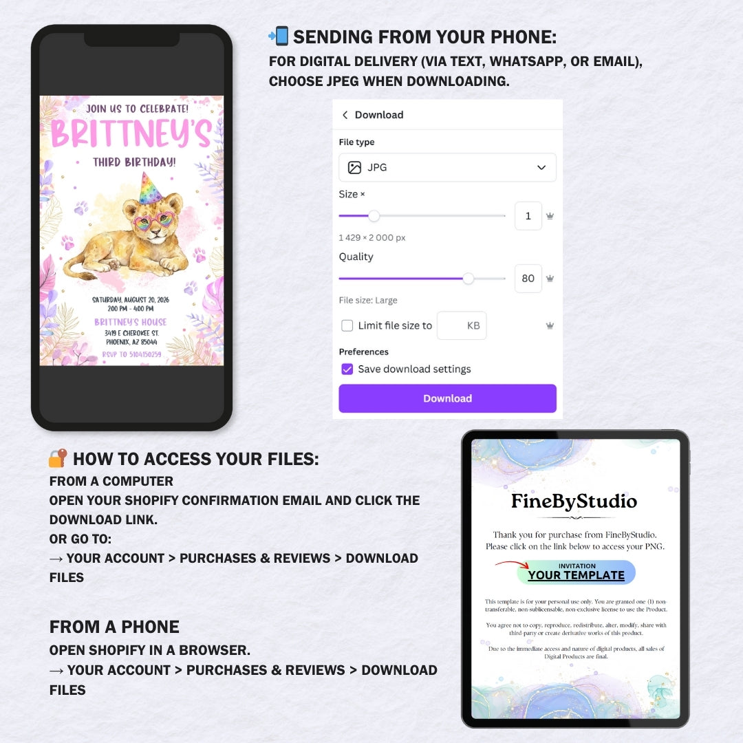 Rainbow Lion Birthday Invitation Template, Girly Safari Party, Editable Lion Cub with Heart Glasses Canva Invite