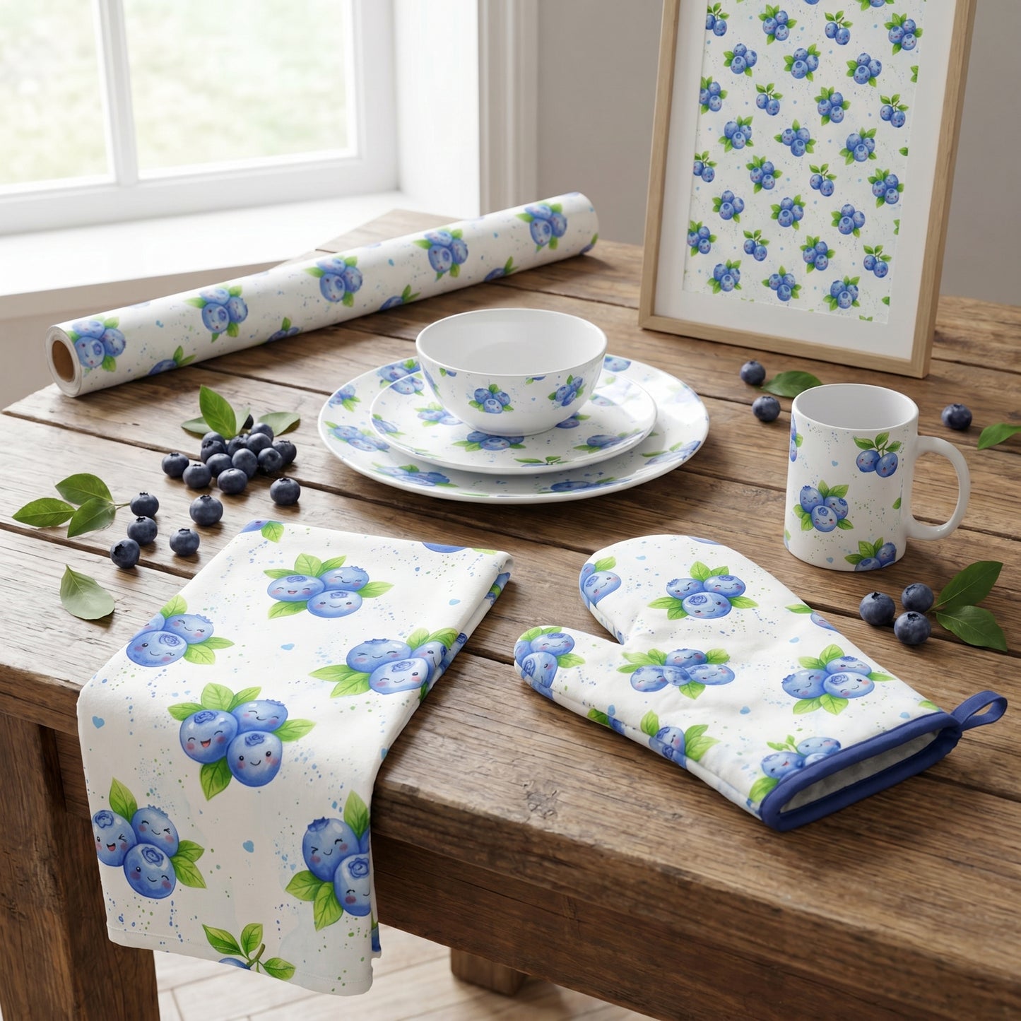 Kitchen table setting with a table runner, oven mitt, and mug featuring a cheerful kawaii blueberry pattern.