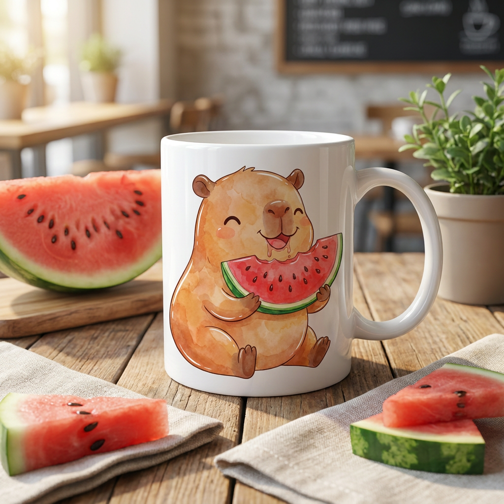 White coffee mug featuring a printed design of a cute watercolor capybara eating watermelon.