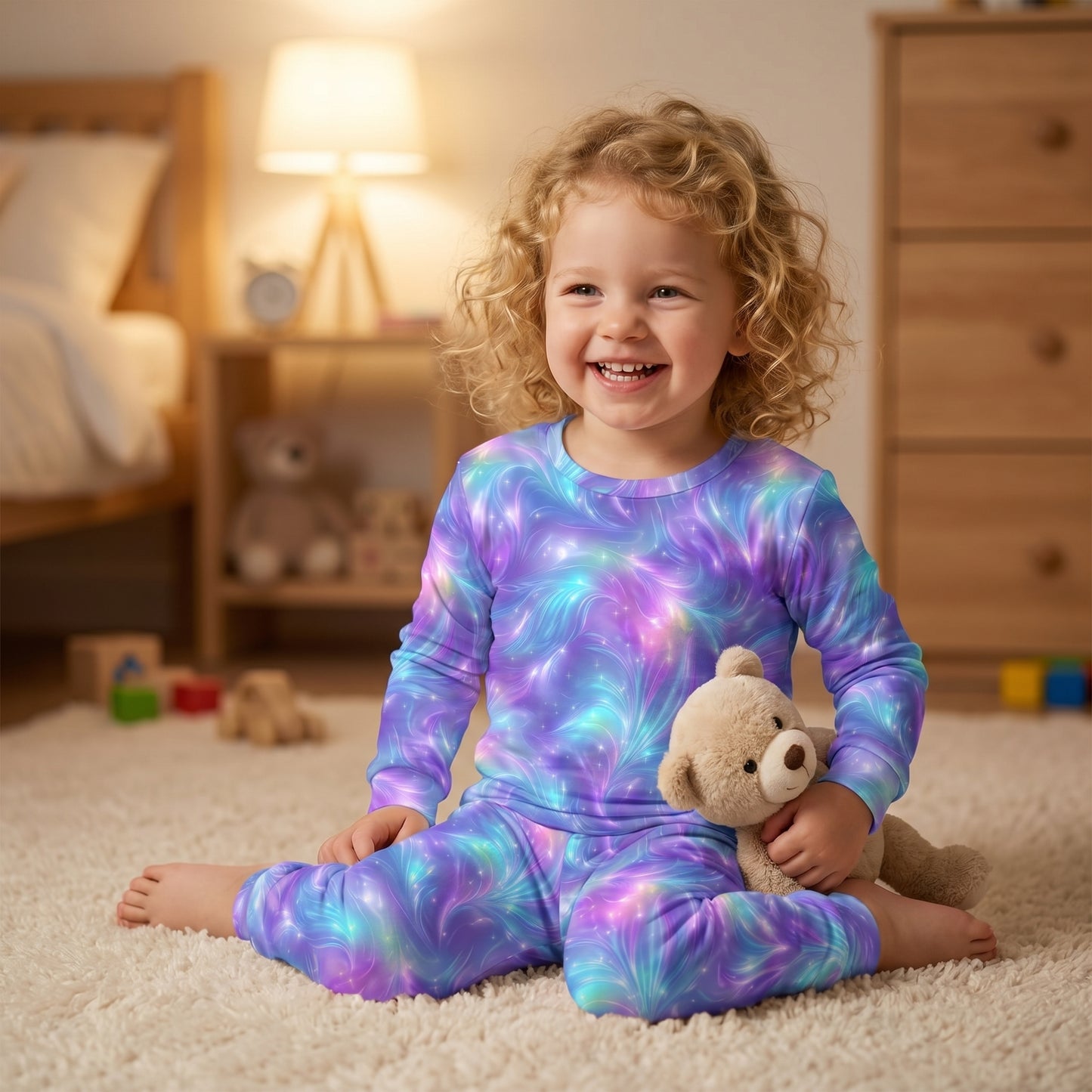Mockup of a happy little girl wearing pajamas printed with a magical fantasy galaxy swirl pattern.