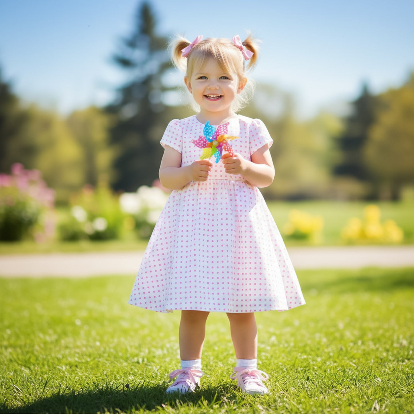 A little girl standing in a garden wearing a summer dress made from the pink floral/heart pattern.