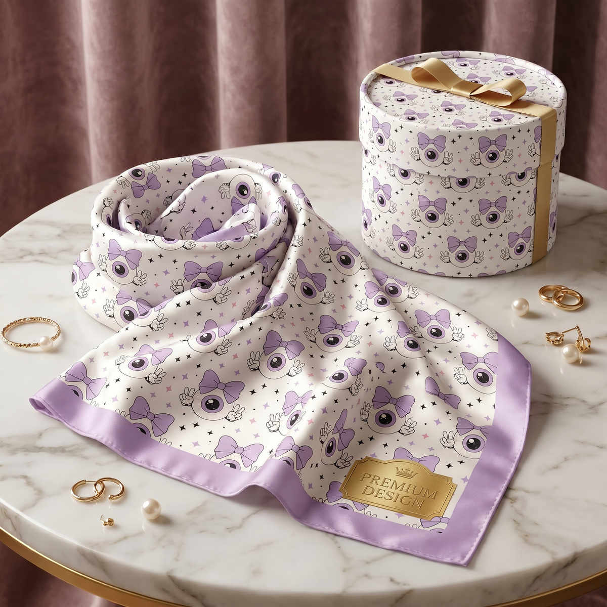 Seamless pattern featuring a cute cartoon eyeball with a pastel purple bow making peace signs, surrounded by stars on a white background. Pastel goth aesthetic.