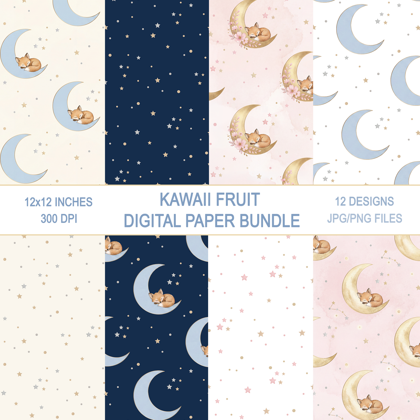 Sweet Dreams Fox Digital Paper Bundle, Watercolor Moon & Stars Seamless Pattern, Nursery Fabric Design