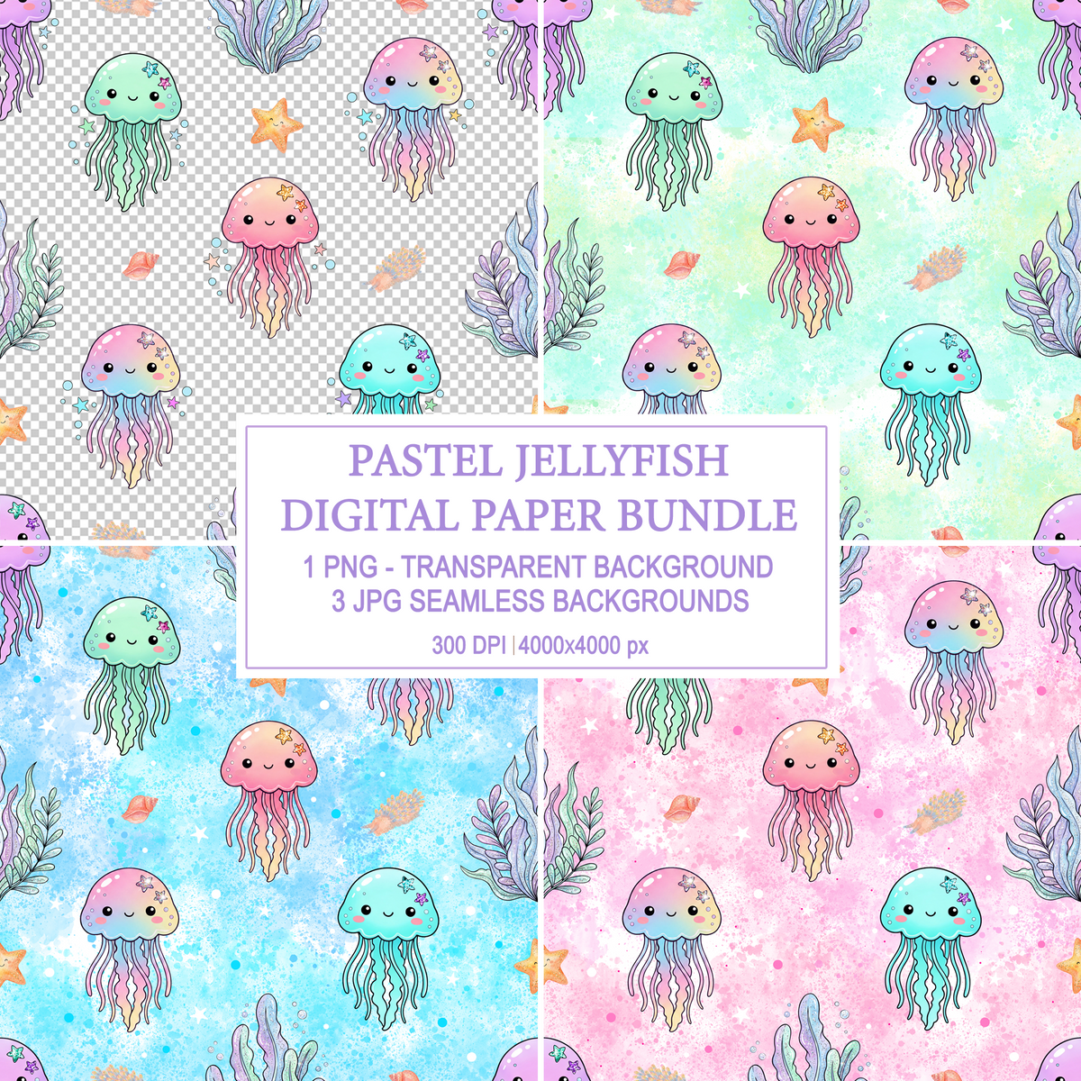 Pastel jellyfish digital paper bundle cover showing seamless patterns.