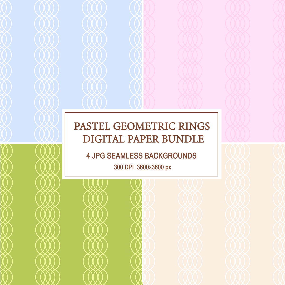 Pastel geometric rings digital paper bundle cover showing 4 seamless patterns in blue, green, pink, and cream.