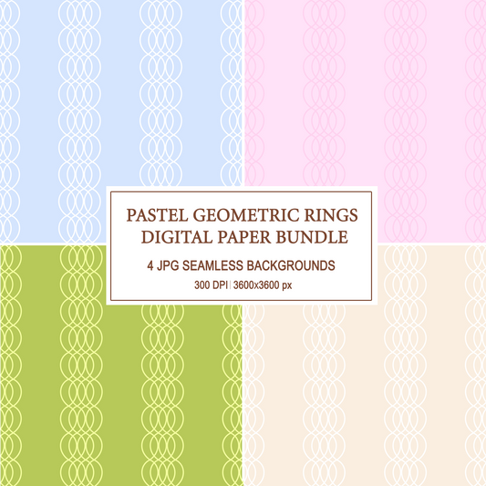 Pastel geometric rings digital paper bundle cover showing 4 seamless patterns in blue, green, pink, and cream.