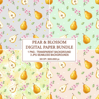 Collage of four seamless digital patterns featuring watercolor yellow pears and pink spring blossoms on various pastel backgrounds.