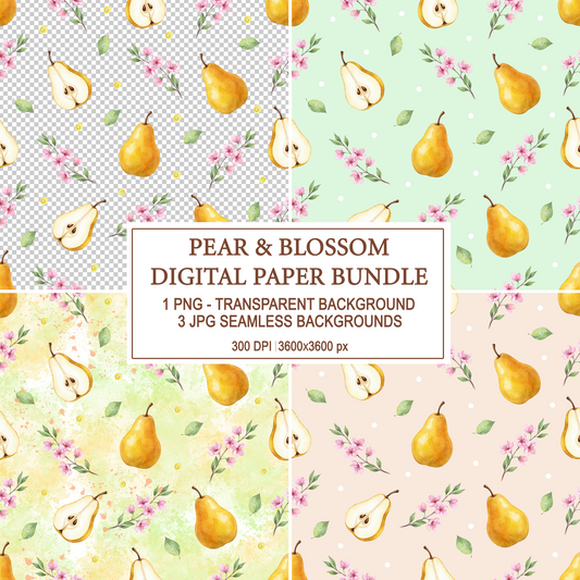 Collage of four seamless digital patterns featuring watercolor yellow pears and pink spring blossoms on various pastel backgrounds.