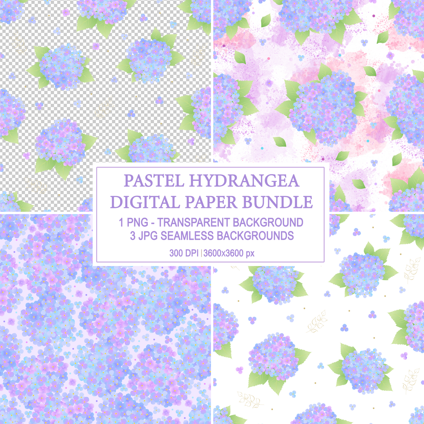 Pastel hydrangea watercolor seamless pattern digital paper bundle, 300 DPI