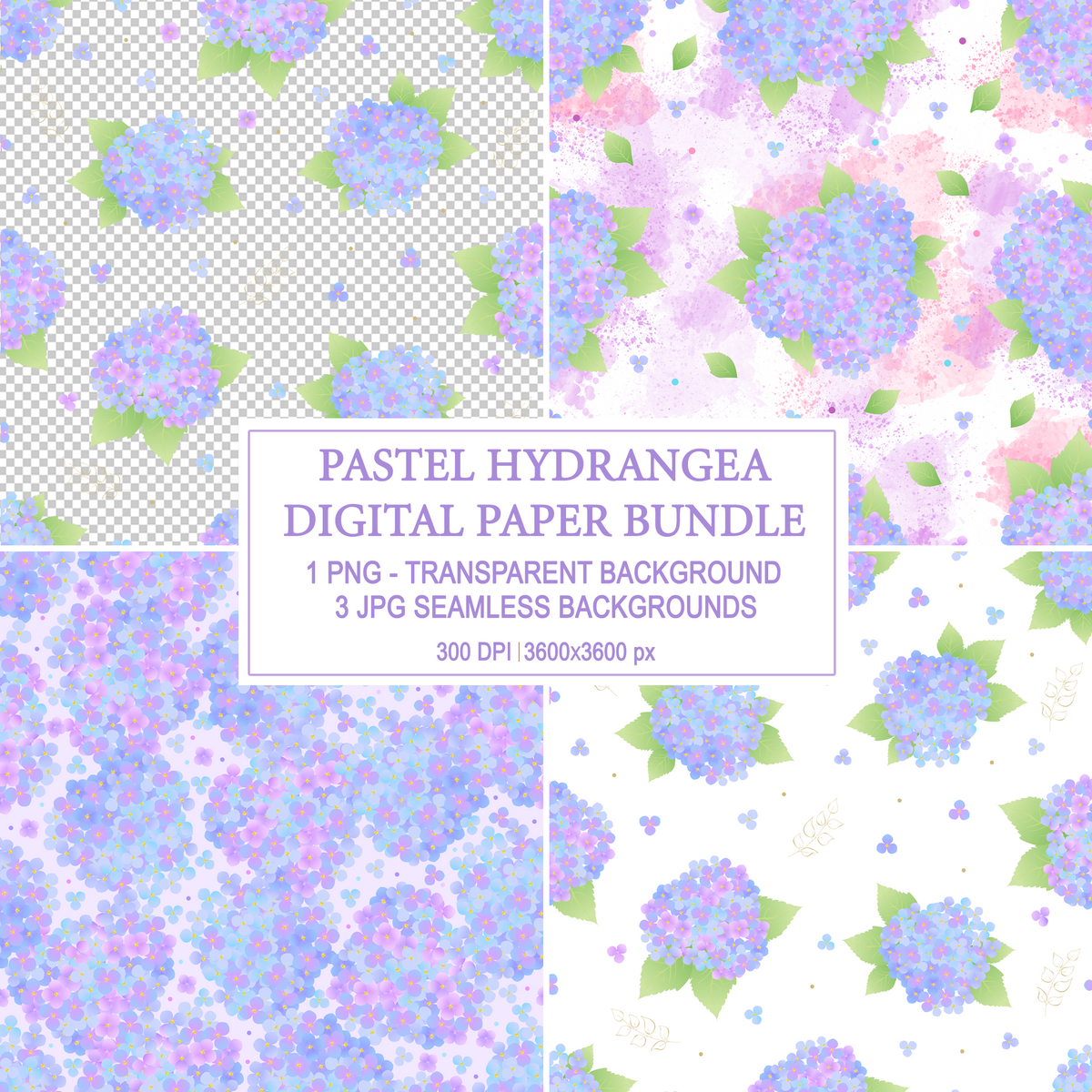 Pastel hydrangea watercolor seamless pattern digital paper bundle, 300 DPI