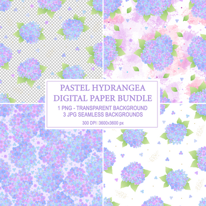 Pastel hydrangea watercolor seamless pattern digital paper bundle, 300 DPI