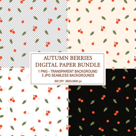 Seamless pattern with red autumn berries and green leaves on dark and light backgrounds for fall wrapping paper.
