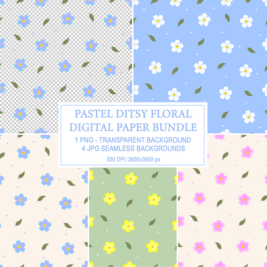 Pastel ditsy floral digital paper bundle containing 4 seamless patterns and transparent PNG by FineByStudio.