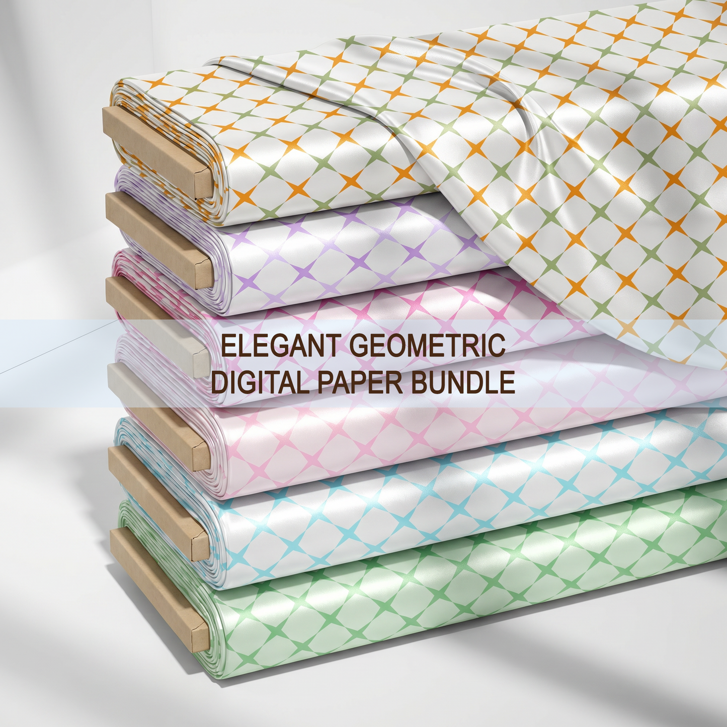 Bundle of 6 elegant geometric four-pointed star seamless patterns in pastel and vibrant colors.