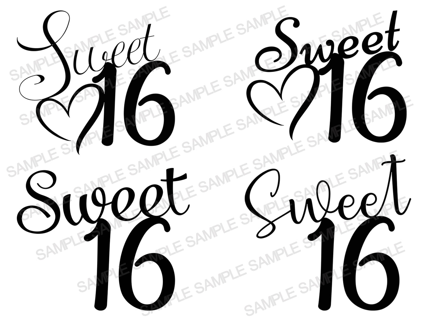 Set of four "Sweet 16" typography designs with hearts and swirls in black ink (digital vector preview).
