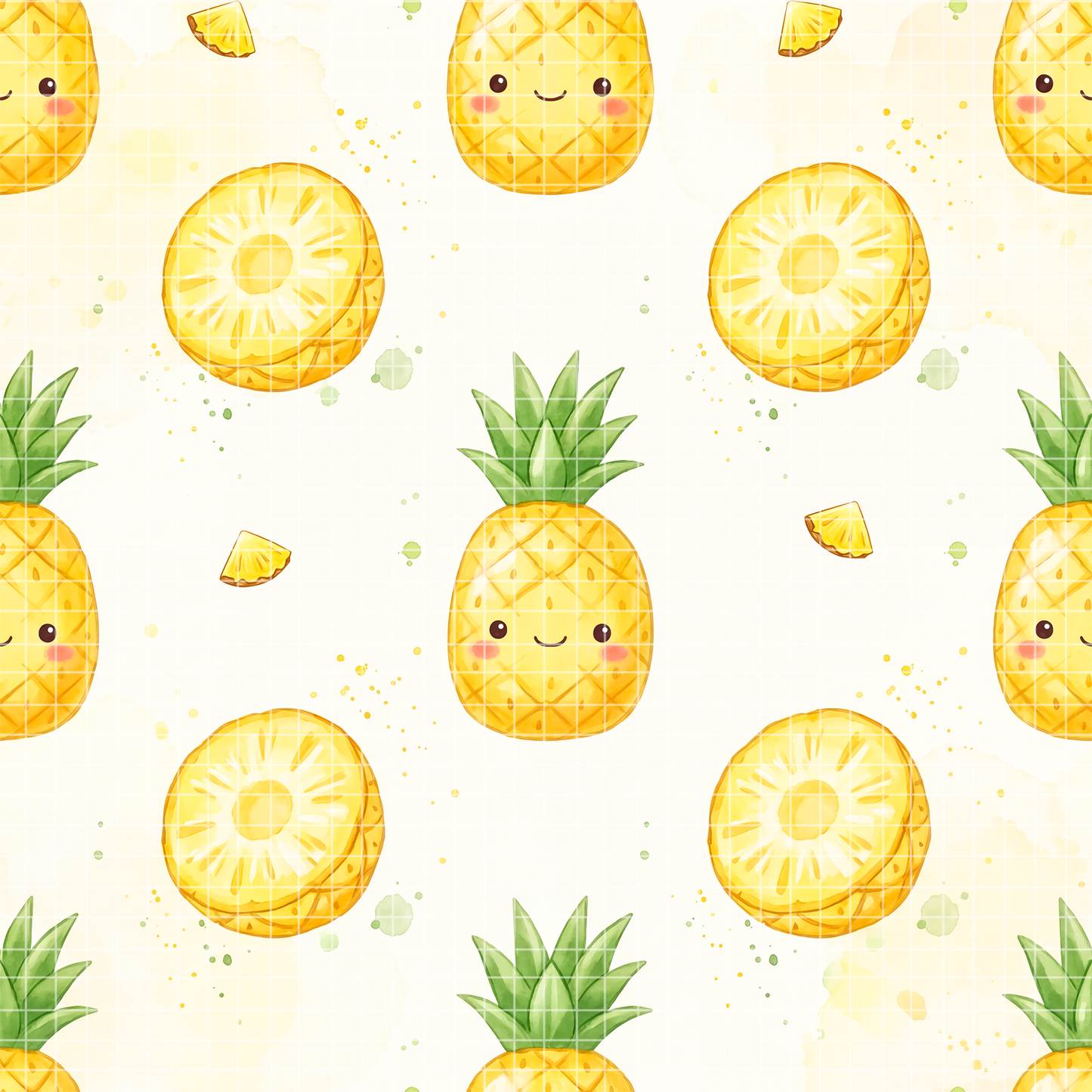 Cute watercolor pineapple seamless pattern with smiling fruit faces on a light yellow background.
