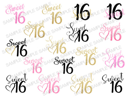 Collection of Sweet 16 typography designs in pink, gold, and black script.