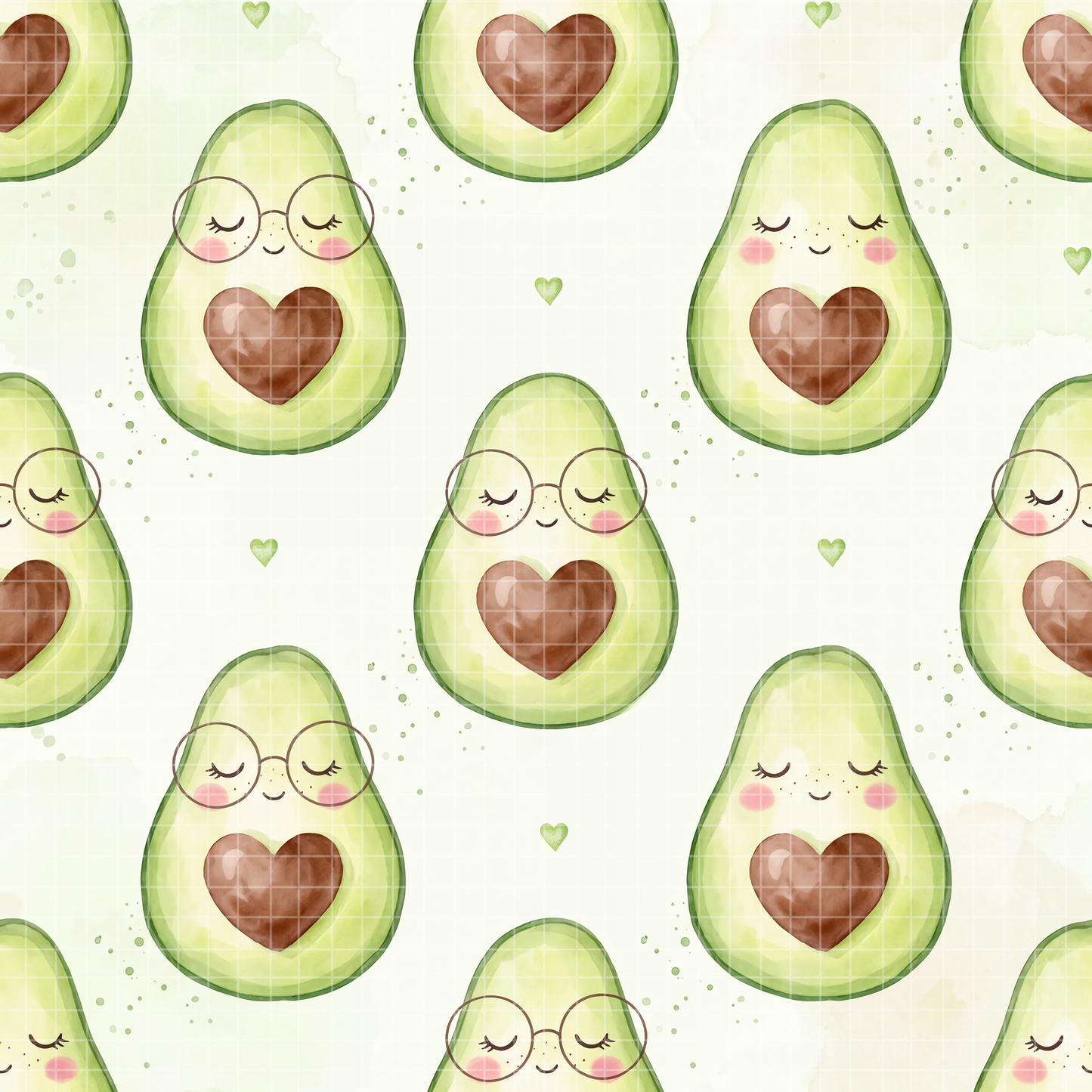 Cute watercolor avocado seamless pattern with heart-shaped pits and smiling faces on a light green background.