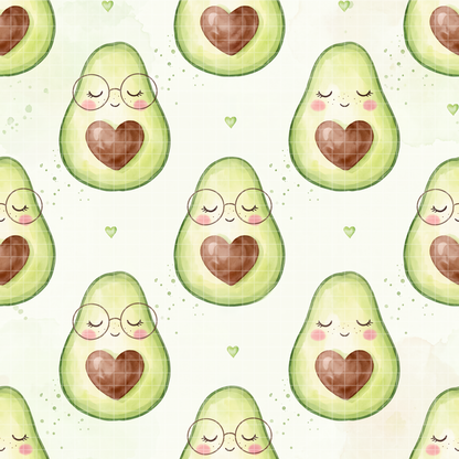Cute watercolor avocado seamless pattern with heart-shaped pits and smiling faces on a light green background.