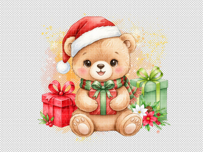 Watercolor Christmas Teddy Bear Clipart — Santa Bear, Holiday Illustration