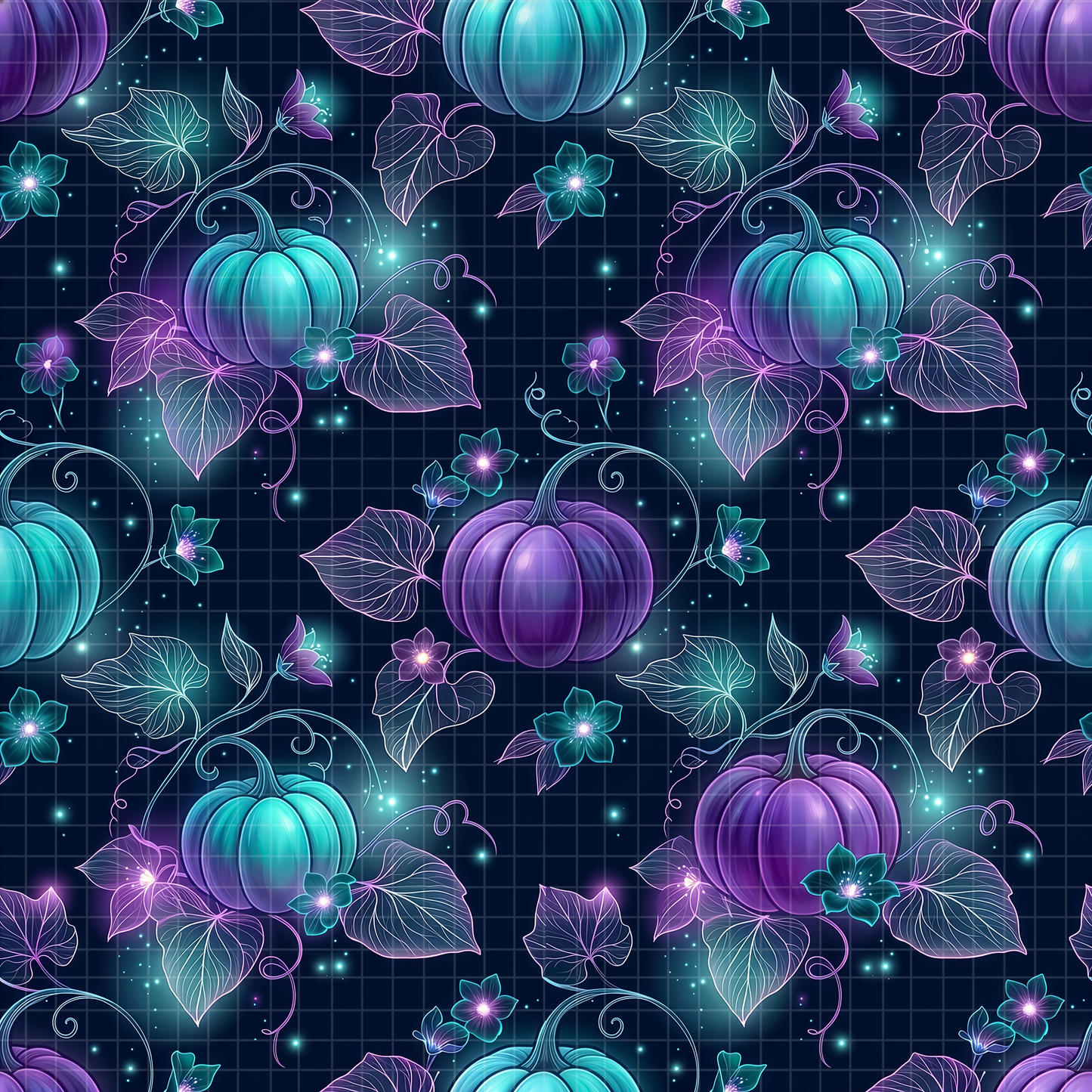 Detailed seamless surface pattern featuring ethereal neon purple and cyan pumpkins, elegant vines, glowing flowers, and leaves against a dark, magical night sky background with a subtle grid and stardust.