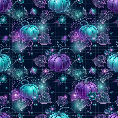 Detailed seamless surface pattern featuring ethereal neon purple and cyan pumpkins, elegant vines, glowing flowers, and leaves against a dark, magical night sky background with a subtle grid and stardust.