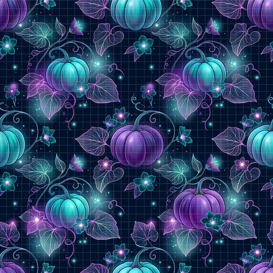 Detailed seamless surface pattern featuring ethereal neon purple and cyan pumpkins, elegant vines, glowing flowers, and leaves against a dark, magical night sky background with a subtle grid and stardust.