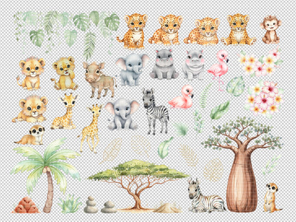 Watercolor Safari Baby Animals Clipart Bundle, Jungle Nursery PNG
