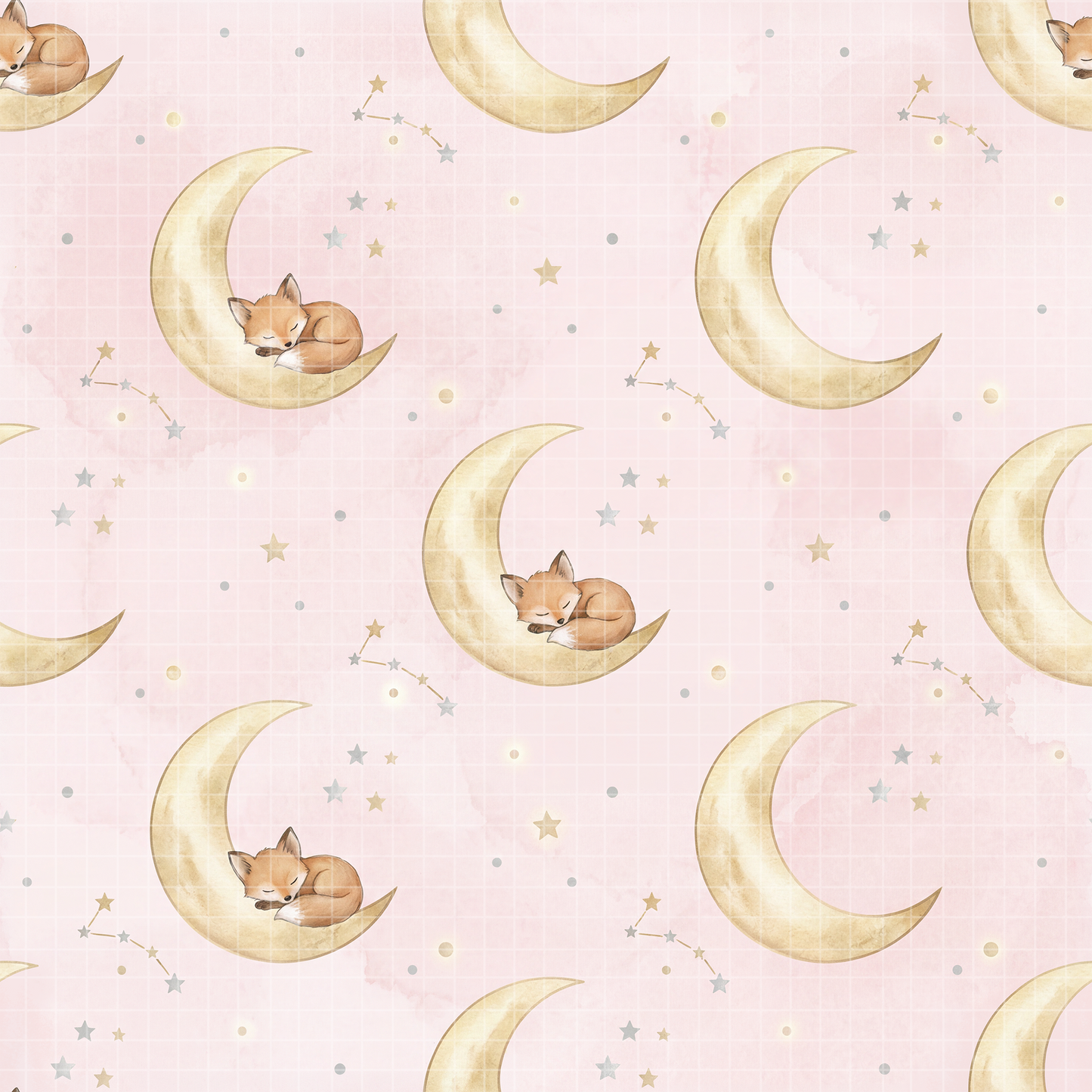 Sweet Dreams Fox Digital Paper Bundle, Watercolor Moon & Stars Seamless Pattern, Nursery Fabric Design
