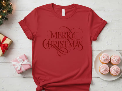 Red holiday t-shirt with a stylish black "Merry Christmas" vinyl print.