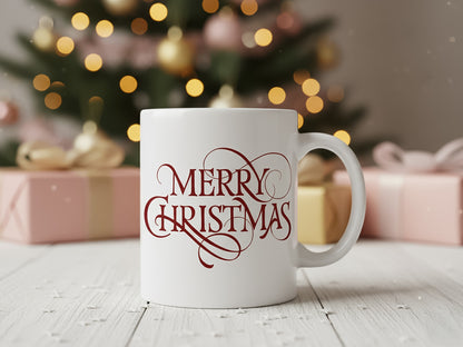 White coffee mug featuring an elegant red "Merry Christmas" text design.
