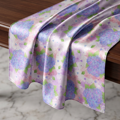 Silk scarf showcasing delicate pastel hydrangea watercolor print