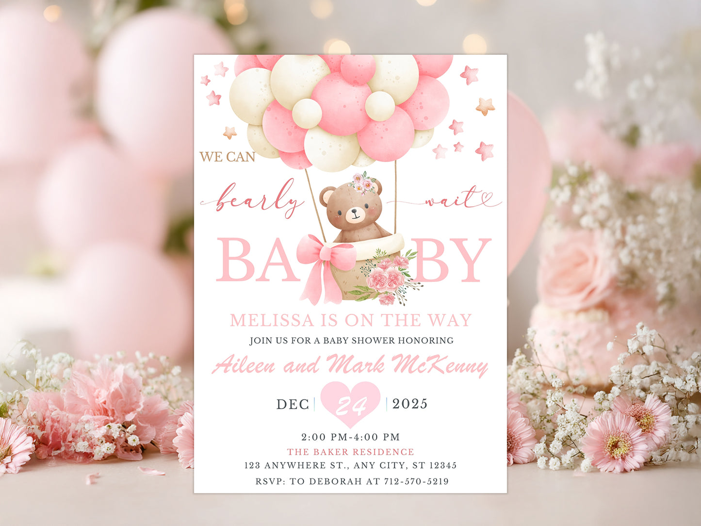 Pink teddy bear baby shower invitation template with We Can Bearly Wait text, watercolor balloons, and floral details for a girl.