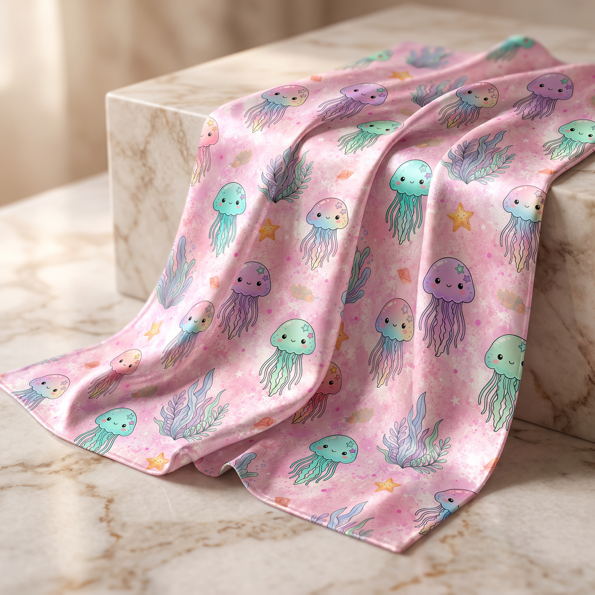 Pastel ocean jellyfish seamless pattern printed on soft nursery fabric mockup.