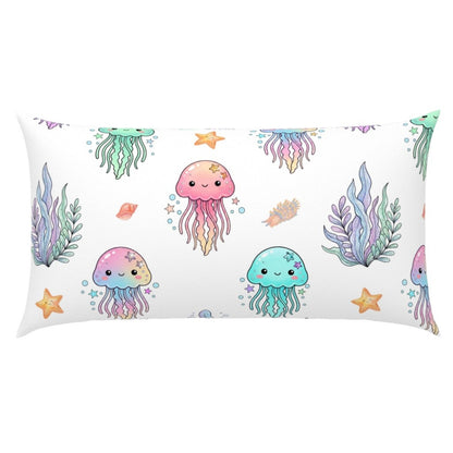 Throw pillow mockup featuring cute pastel jellyfish nursery pattern.