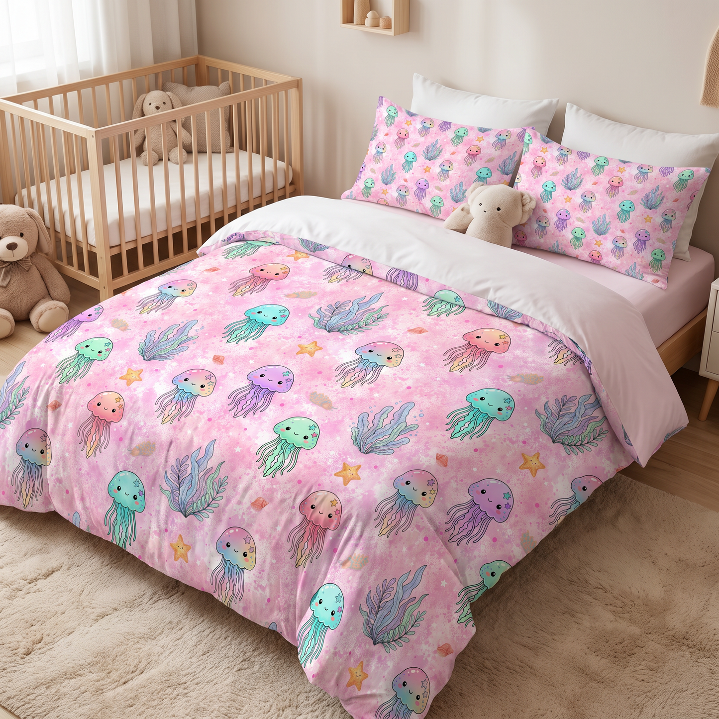 Nursery bedding set mockup featuring pastel pink jellyfish seamless pattern.