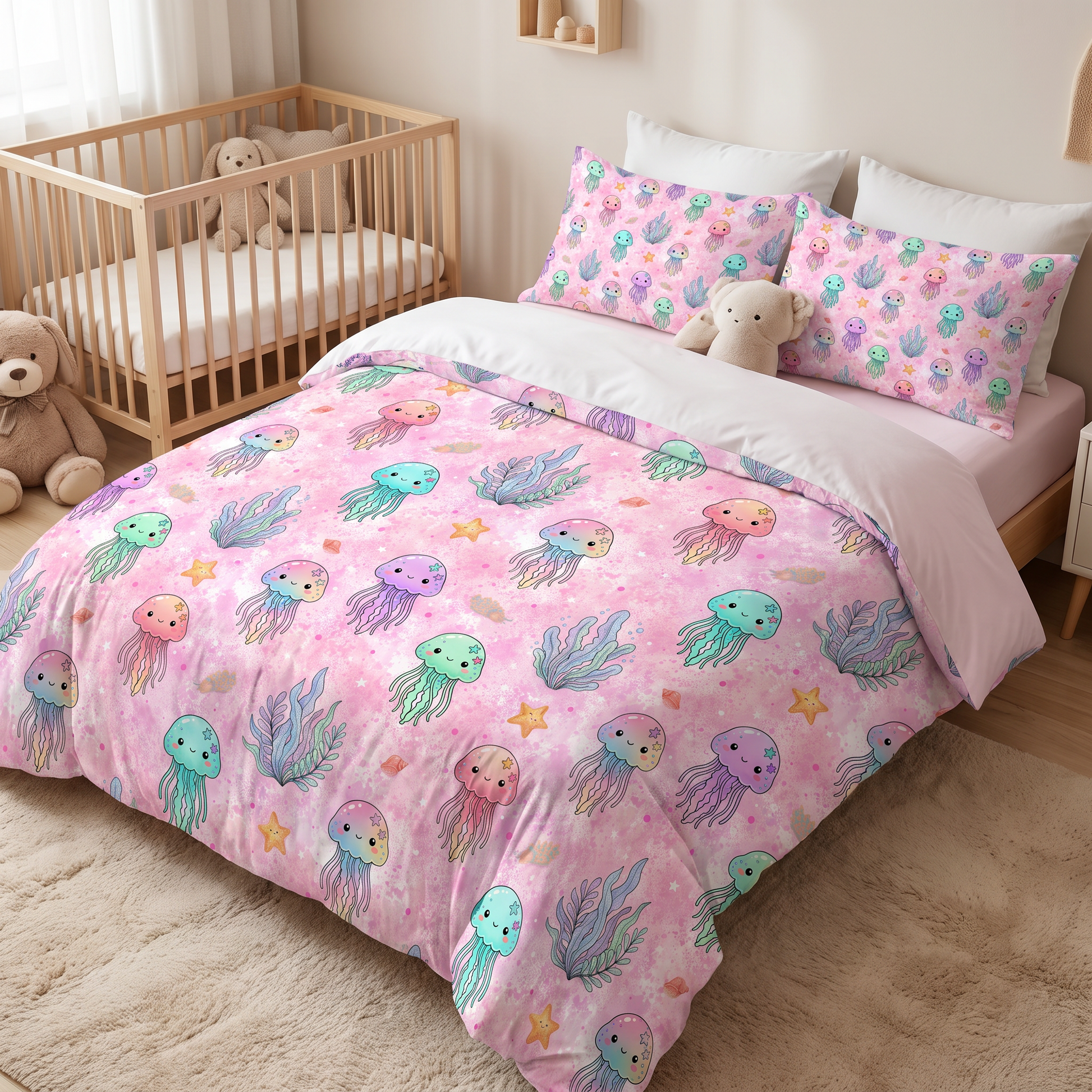 Nursery bedding set mockup featuring pastel pink jellyfish seamless pattern.