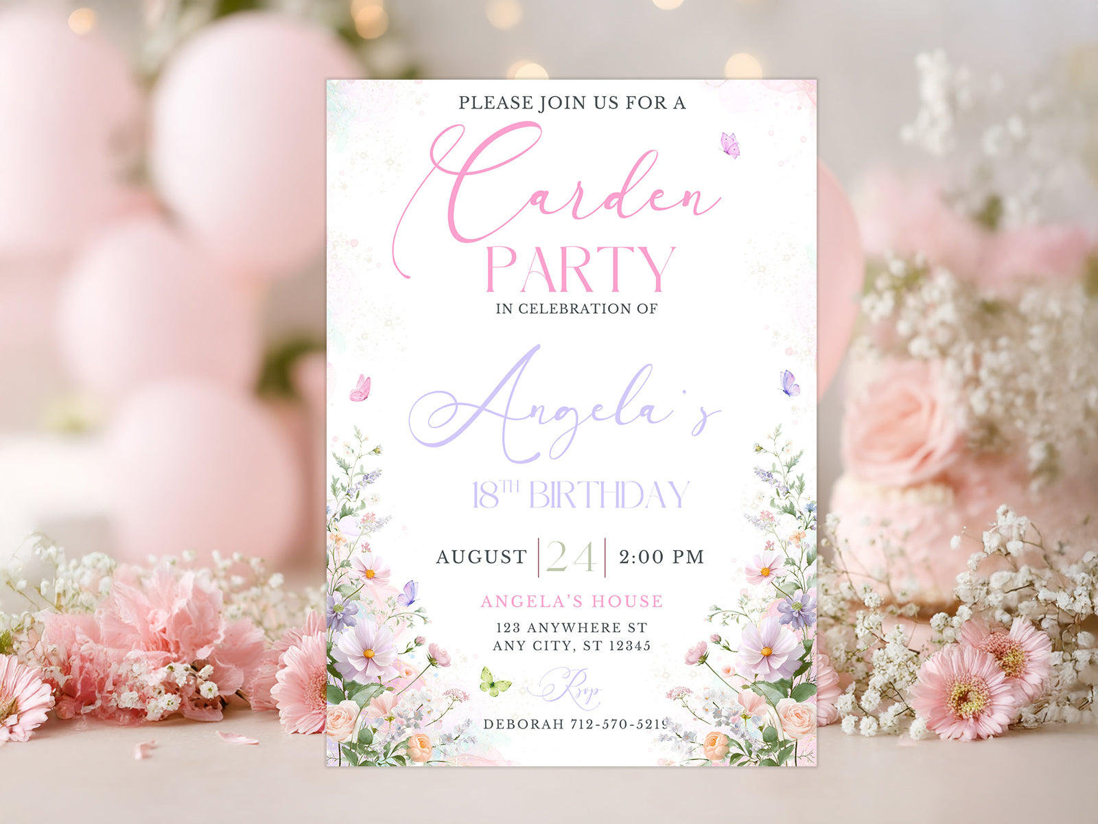 Editable wildflower garden party invitation template with pink and purple flowers for 18th birthday.
