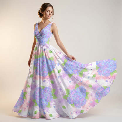 Woman's summer maxi dress featuring seamless watercolor hydrangea fabric print