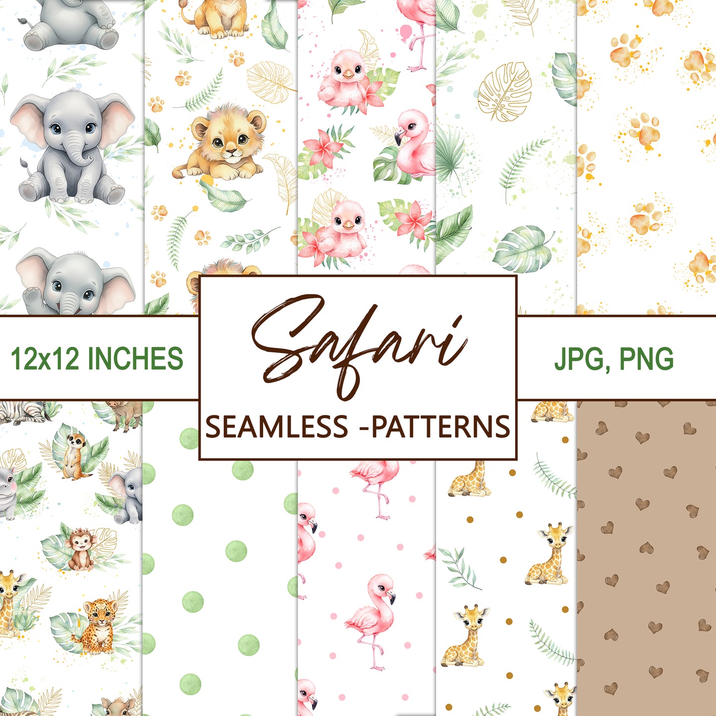 Watercolor Safari Baby Animals Seamless Pattern, Nursery Digital Paper Pack